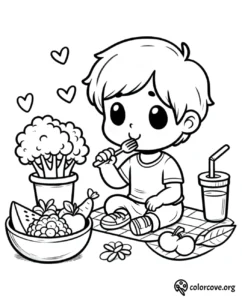 Cute picnic coloring page with a child enjoying food, surrounded by fruits and a drink on a checkered blanket. Perfect for kids!