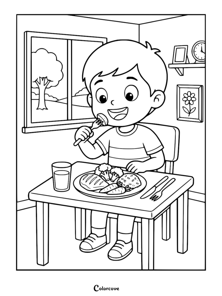 A young boy eating a healthy meal of broccoli, carrots, and meat at a table in this printable coloring page.