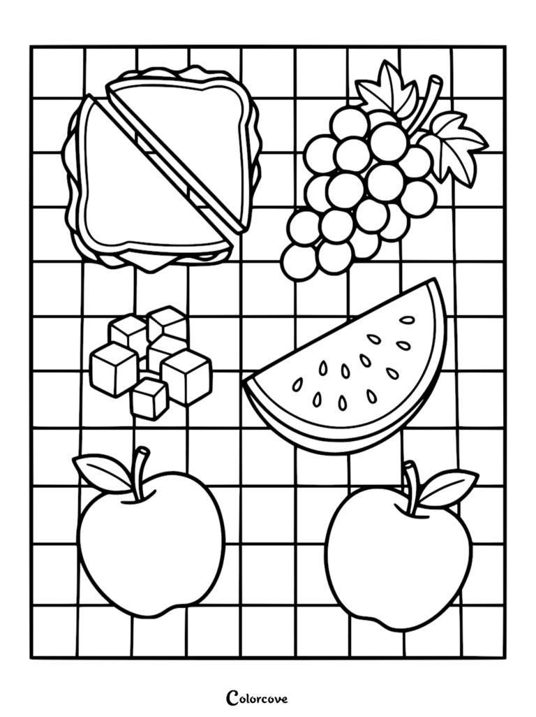 Healthy Food Coloring Pages Free Printable 16 featuring a sandwich, grapes, watermelon slice, cheese cubes, and two apples on a grid background.