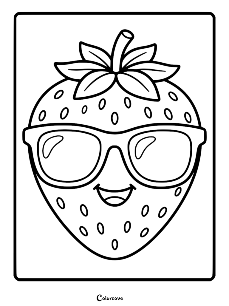 A smiling strawberry wearing sunglasses in this Healthy Food coloring page.