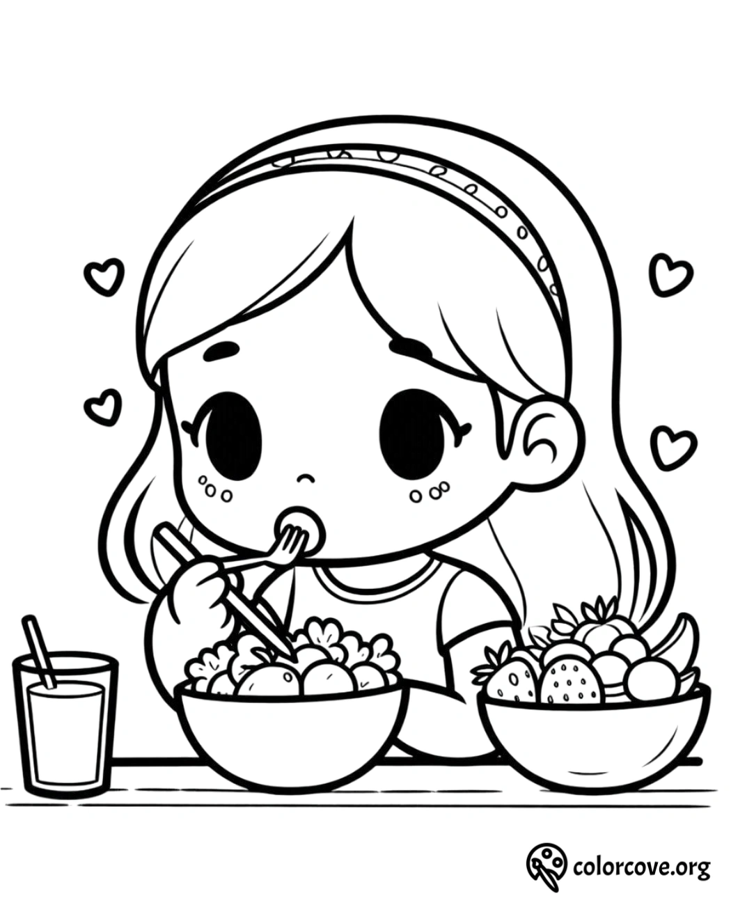 a cartoon of a girl eating a bowl of fruit