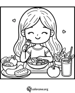 Girl enjoying a healthy meal coloring page, featuring fruits, vegetables, and a drink for kids to color.