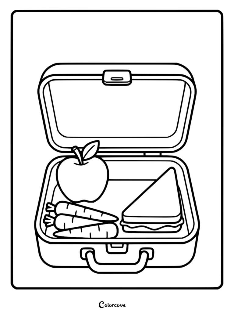 Healthy Food Coloring Pages Free Printable 18 featuring an open lunchbox with an apple, carrots, and a sandwich.