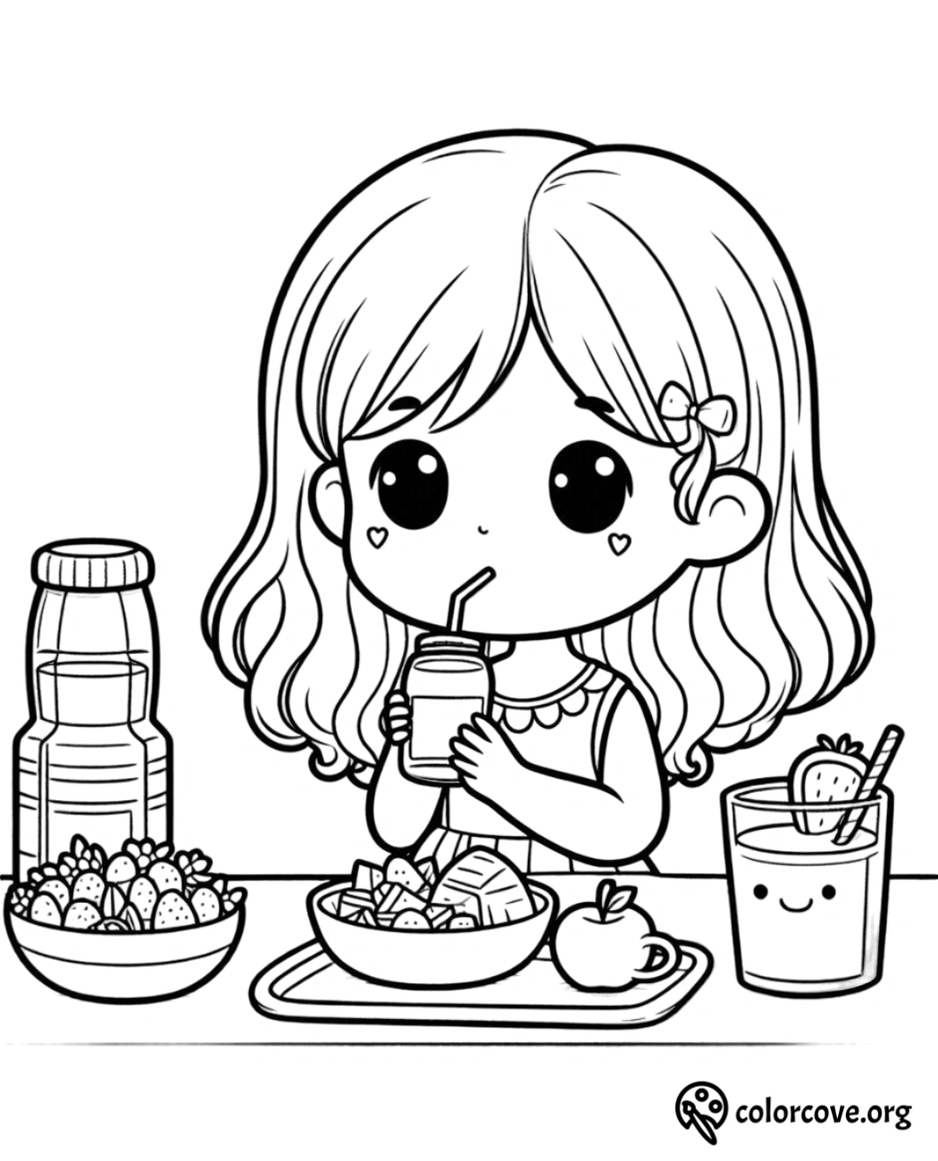 Girl enjoying a healthy meal coloring page, featuring fruits, vegetables, and a drink for kids to color.