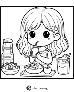 Cute girl drinking juice coloring page with fruits and snacks. Perfect for children’s activity and creativity.