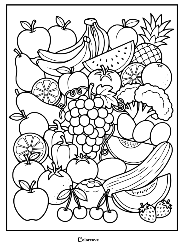 A detailed Healthy Food Coloring Pages Free Printable 19 featuring a variety of fruits and vegetables including grapes, bananas, apples, and broccoli.