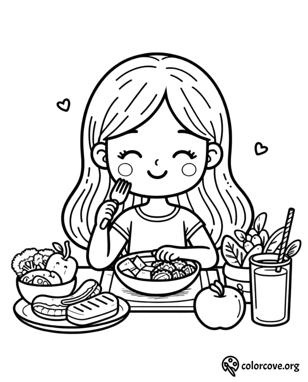 Cute girl drinking juice coloring page with fruits and snacks. Perfect for children’s activity and creativity.