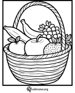 Coloring page of a fruit basket with apples, bananas, grapes, and strawberries. Perfect for kids' creative fun.