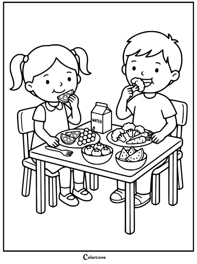 A girl and boy eating healthy fruits and vegetables at a table in this printable coloring page.