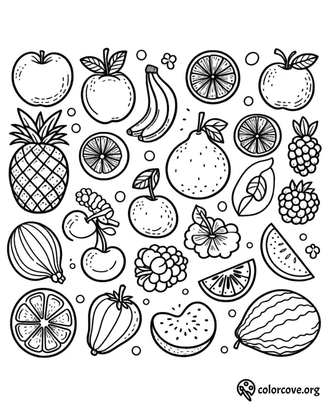 Coloring page of a fruit basket with apples, bananas, grapes, and strawberries. Perfect for kids' creative fun.