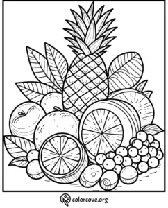 Coloring page featuring a variety of fruits including pineapple, orange, apple, and grapes in black-and-white line art.