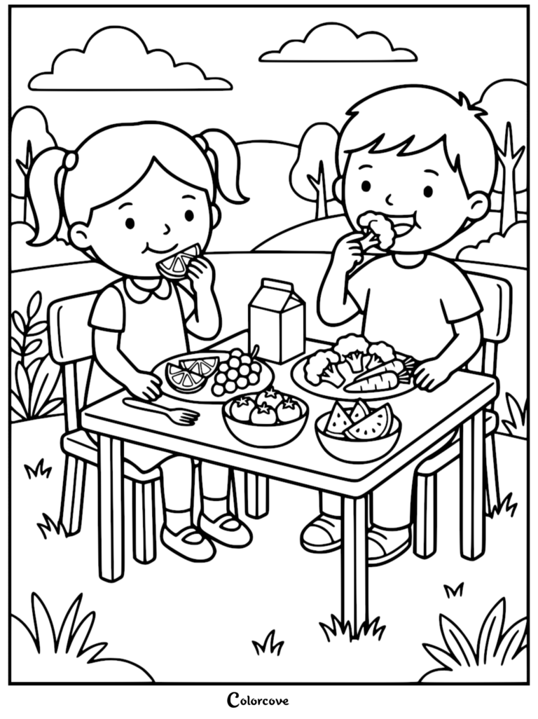 A girl and boy eating healthy food at an outdoor table in this Healthy Food Coloring Pages Free Printable 20.