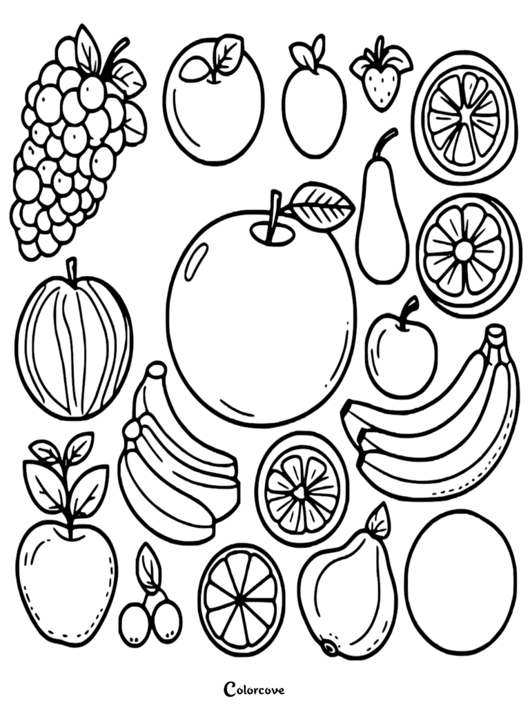 Healthy Food Coloring Pages Free Printable 21 featuring a variety of fruits including grapes, bananas, apples, and citrus slices.