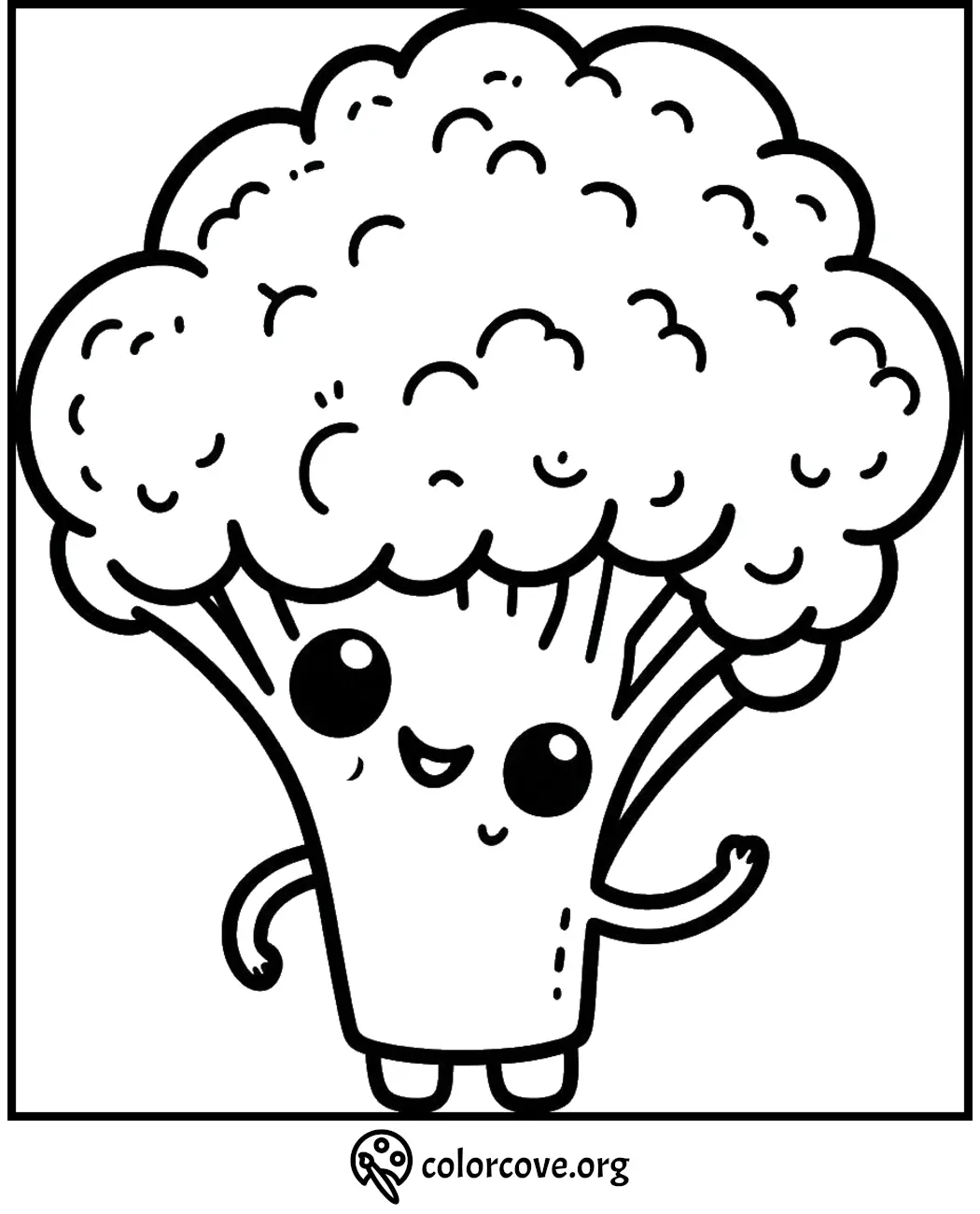 Cute broccoli coloring page with a smiling cartoon character, perfect for kids' fun and educational activities.