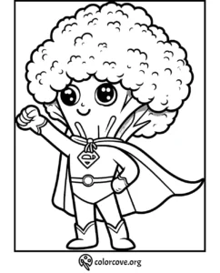 Cute superhero broccoli coloring page for kids with a cape and S emblem, perfect for creative fun.
