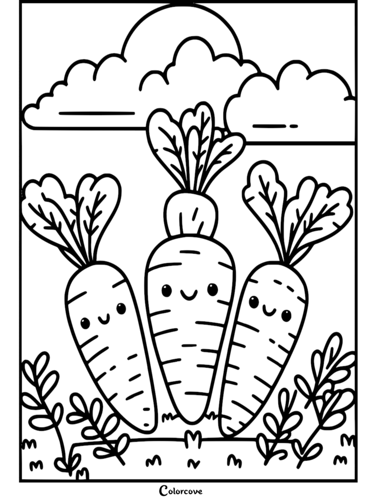 Three cute smiling carrots in a garden, healthy food coloring page.
