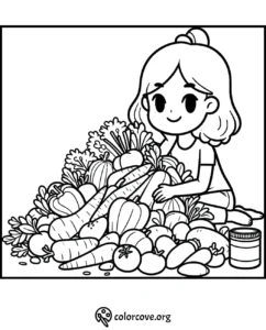 Girl with harvest coloring page, featuring vegetables and a smiling girl. Perfect for kids and garden lovers.