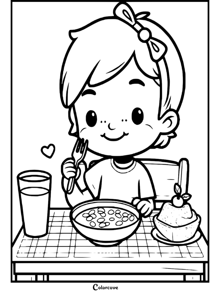 A cute girl with a bow in her hair eating a healthy meal from a bowl at a table in this printable coloring page.