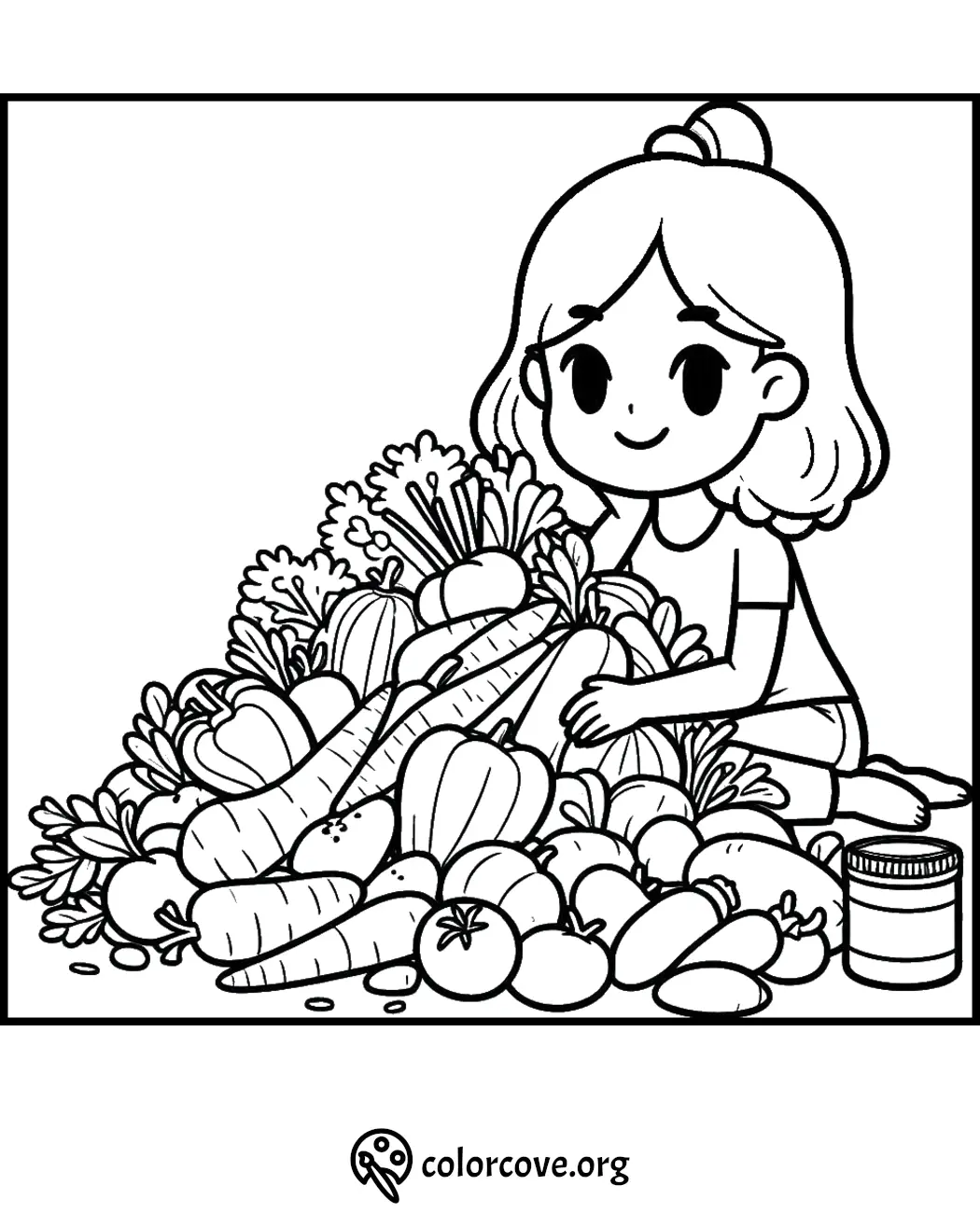 Girl with harvest coloring page, featuring vegetables and a smiling girl. Perfect for kids and garden lovers.