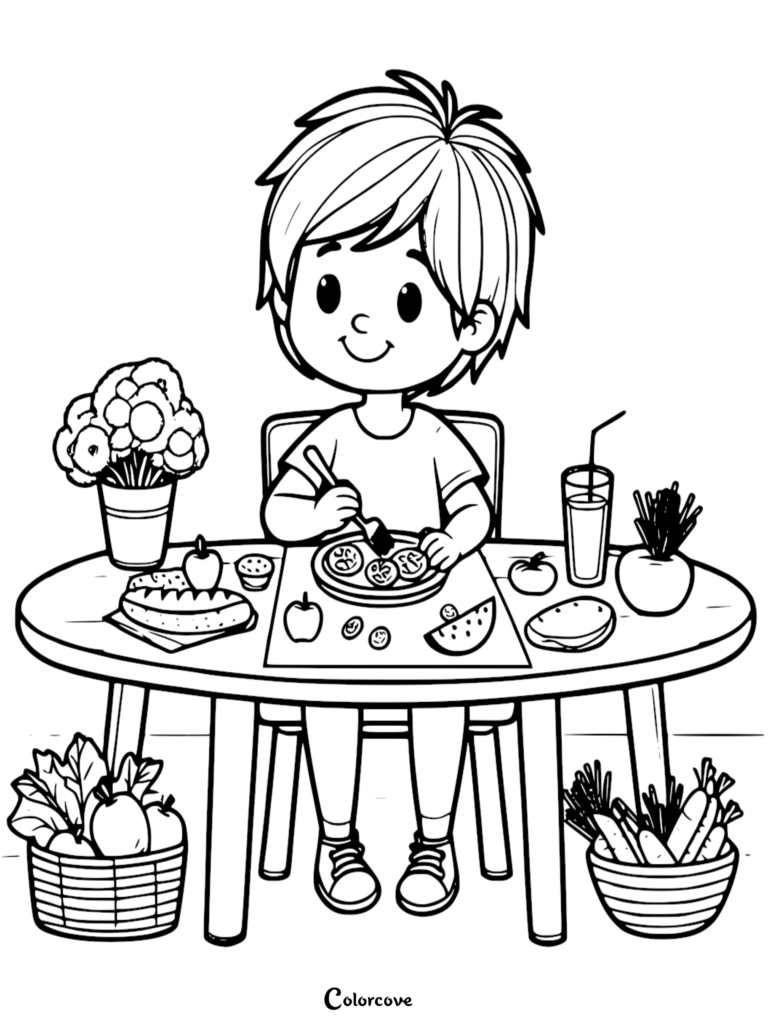 A young boy sitting at a table eating healthy food in this printable coloring page featuring fruits, vegetables, and a drink.