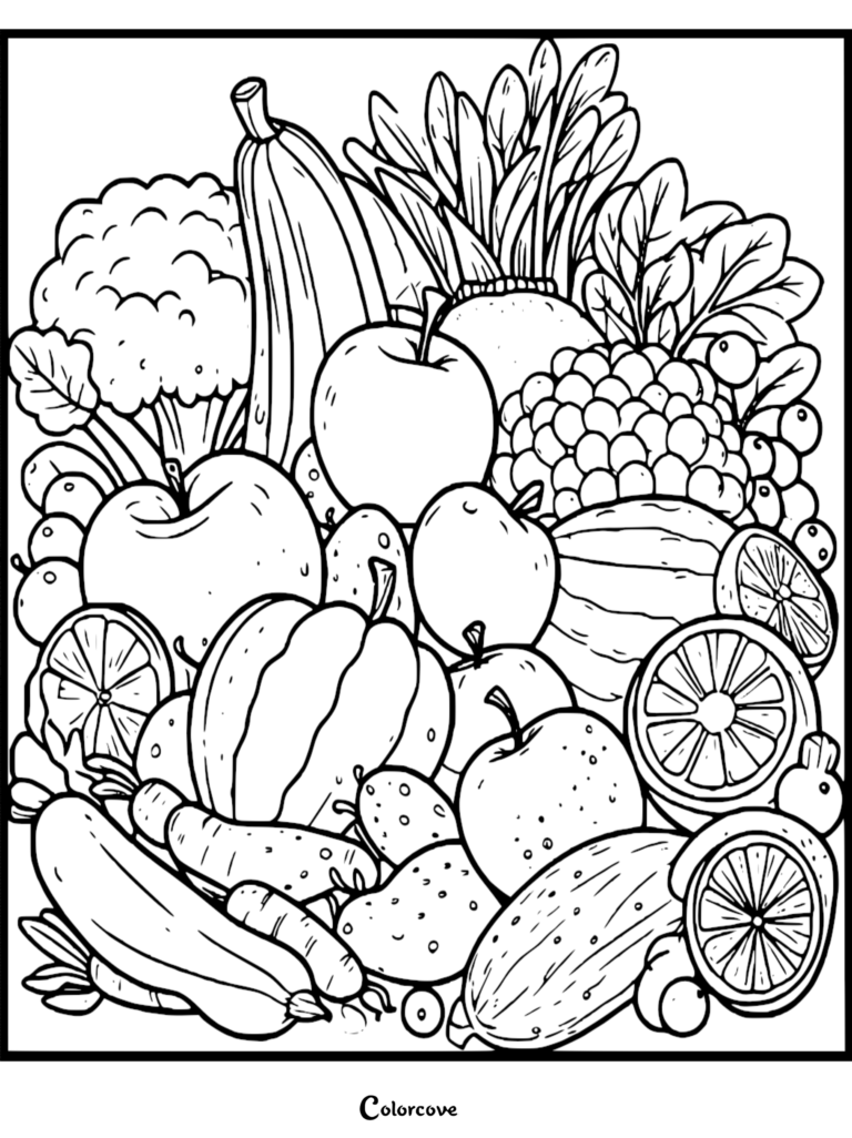 A detailed Healthy Food coloring page featuring a variety of fresh fruits and vegetables like apples, oranges, broccoli, and leafy greens.
