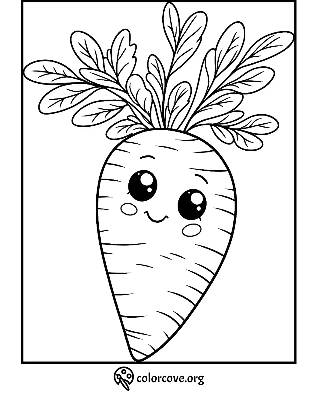 Cute carrot coloring page with a smiling face and leafy top, perfect for kids' art and creative fun.