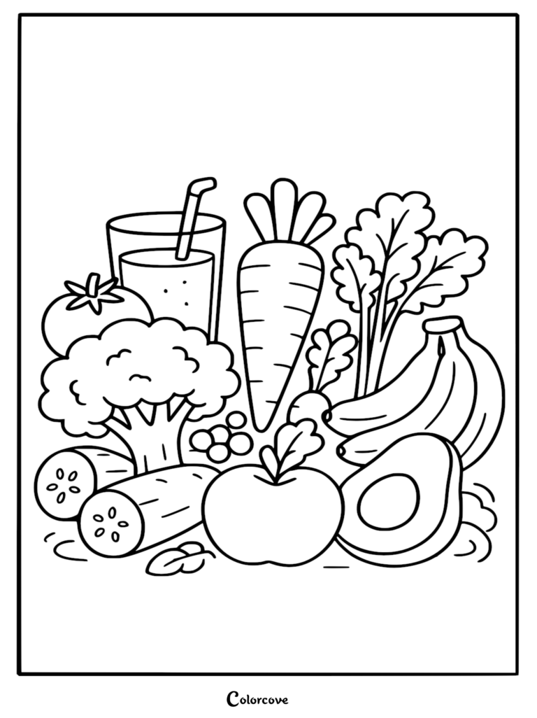 Healthy Food Coloring Page 26 featuring a variety of fresh vegetables, fruits, and a glass of juice.