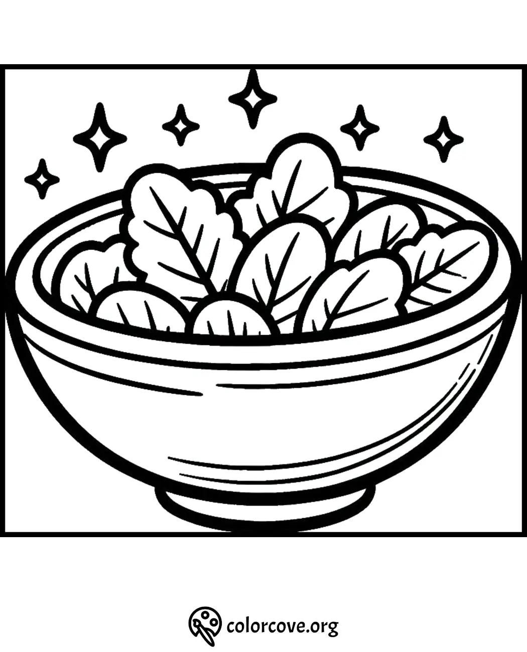 Coloring page of a bowl of leafy greens with decorative stars, ideal for kids' healthy food activities.