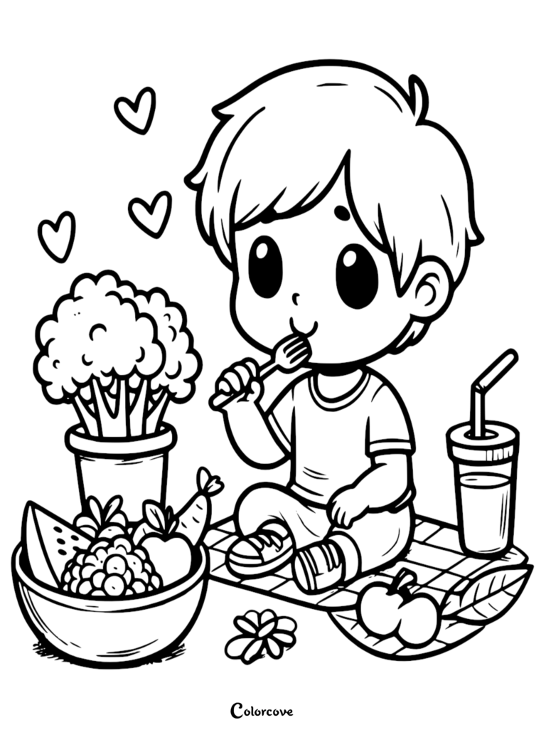 A cute boy eating healthy food from a bowl on a picnic blanket, featured in this printable healthy food coloring page.