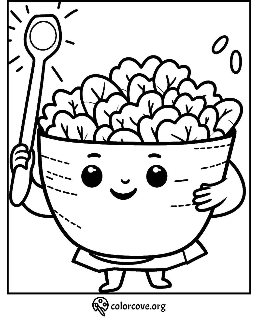 Cute salad bowl character holding a spoon coloring page for kids.