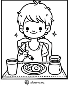 Child happily eating breakfast with a plate, glass, and jar. Coloring page for kids by colorcove.org.