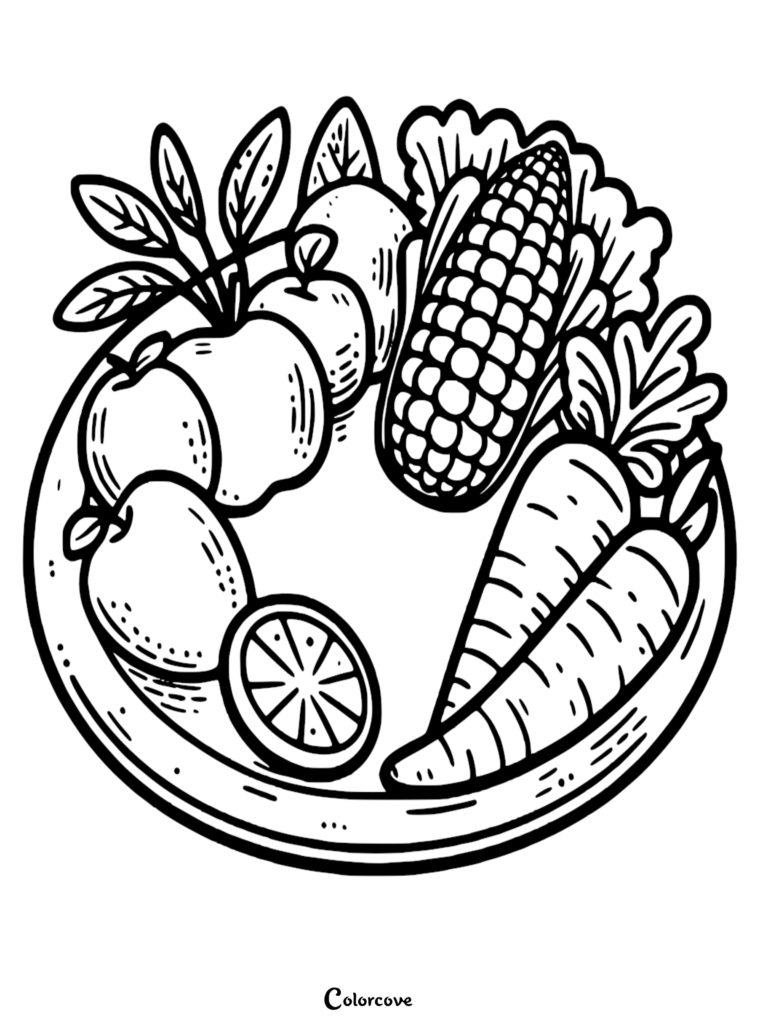 Healthy Food Coloring Pages Free Printable 28 featuring a plate of fresh apples, corn, and carrots.