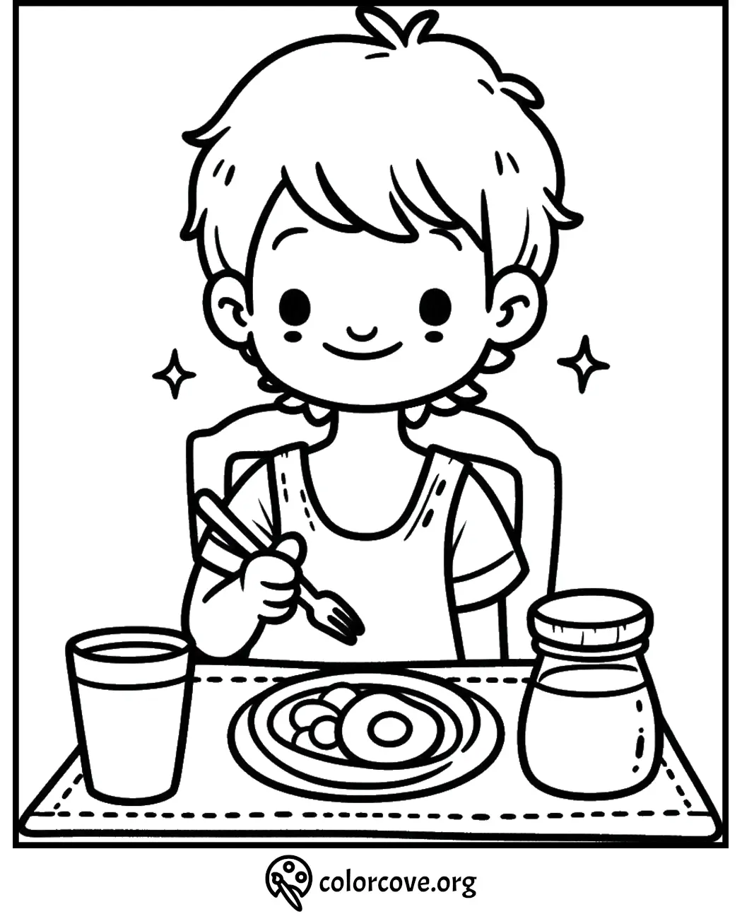 Child happily eating breakfast with a plate, glass, and jar. Coloring page for kids by colorcove.org.