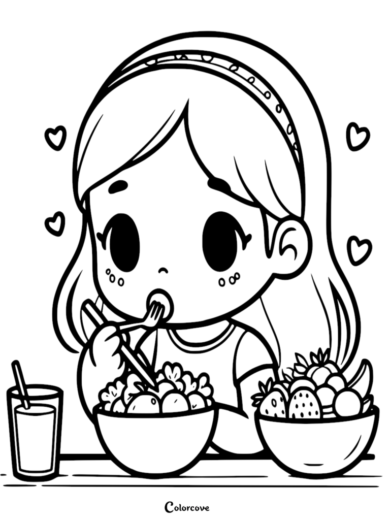 A cute girl eating a healthy salad and fruit bowl in this printable healthy food coloring page.