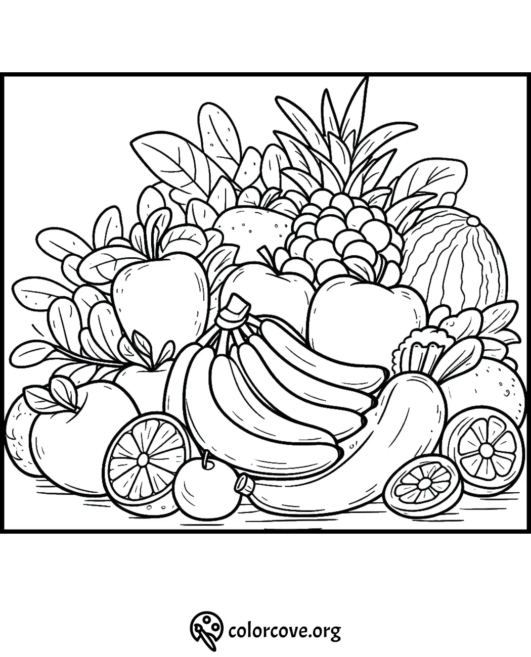 Fruit basket coloring page with apples, bananas, oranges, and pineapple. Perfect for kids' coloring activities.