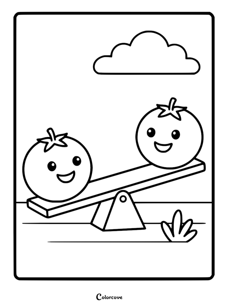 Two cute smiling tomatoes playing on a seesaw in this healthy food coloring page.