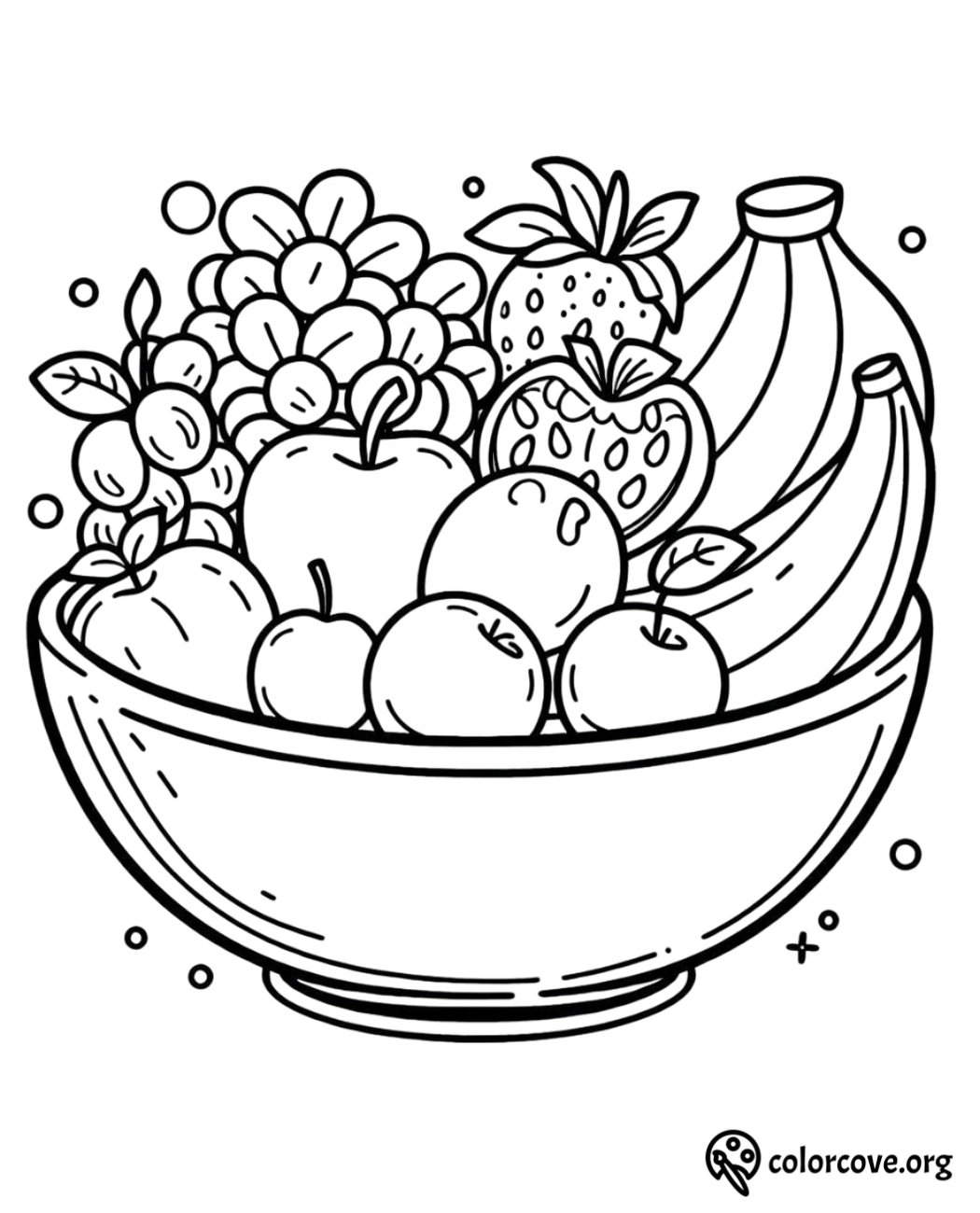 Coloring page of a fruit bowl with bananas, apples, grapes, and strawberries. Perfect for kids and creative activities.