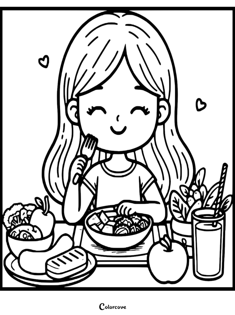 A happy girl eating a nutritious meal with fruits and vegetables in this Healthy Food coloring page.