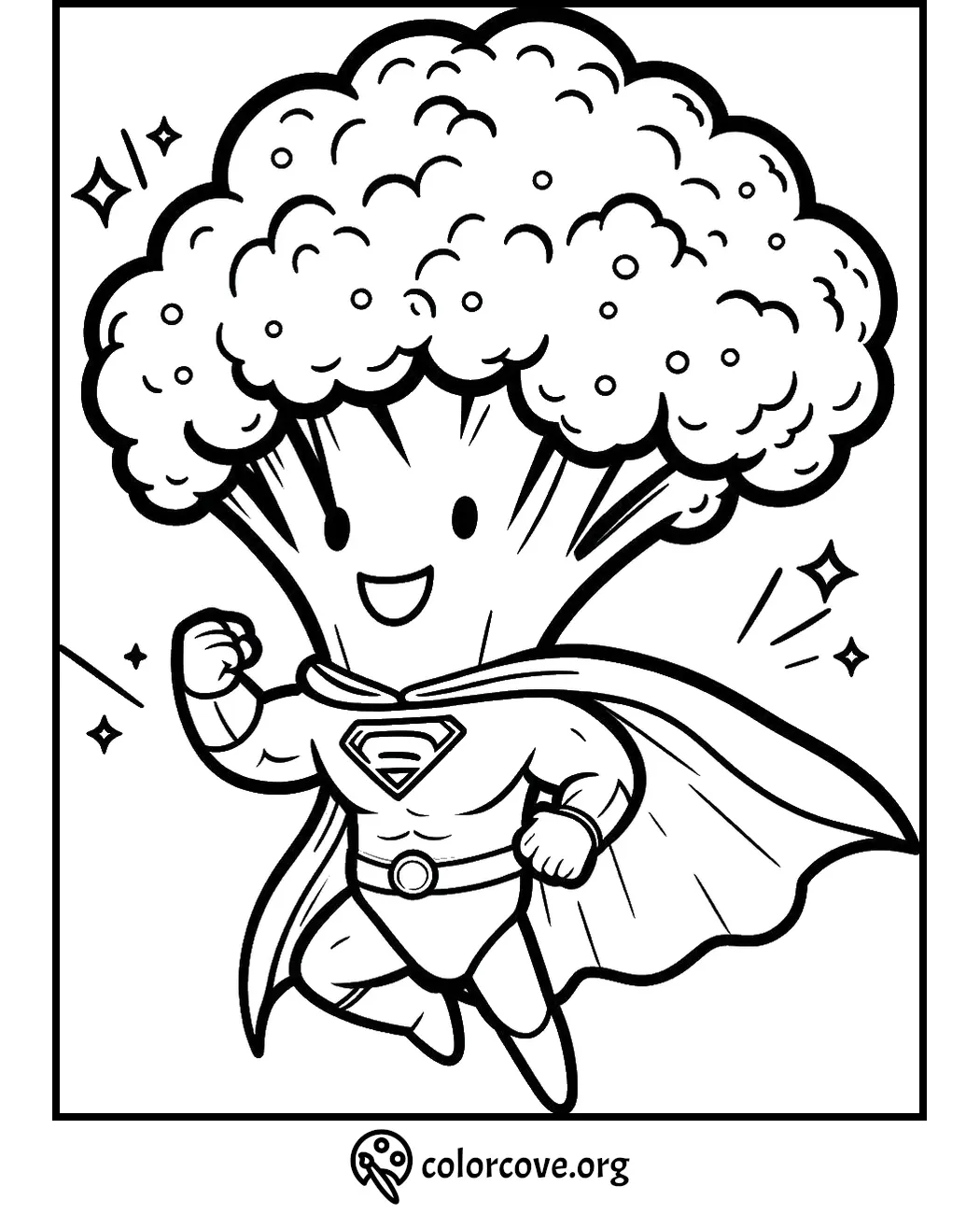 Superhero broccoli coloring page for kids, featuring a powerful veggie in a cape with a big smile.