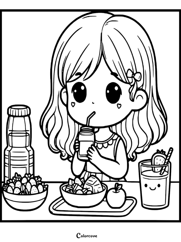 A cute girl drinking a smoothie at a table with a bowl of fruit and a strawberry drink in this healthy food coloring page.