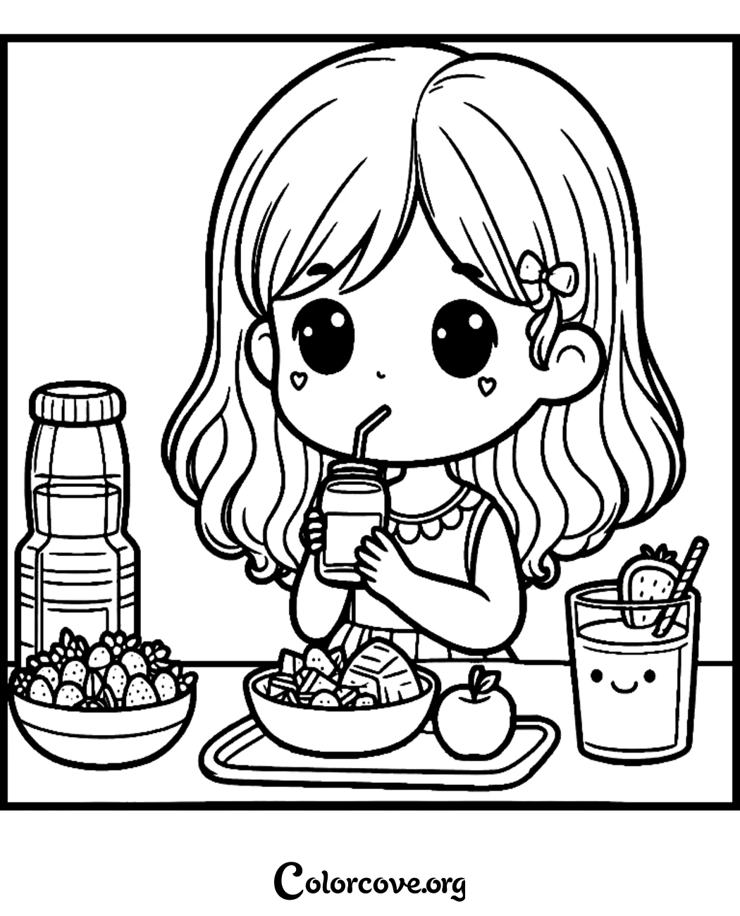 Encourage healthy eating habits with this adorable coloring page featuring a girl enjoying a nutritious meal of fruit and juice. It is perfect for kids and teachers looking for fun, printable healthy food activities.