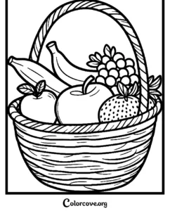 A printable healthy food coloring page featuring a basket filled with fresh apples, bananas, strawberries, and grapes for kids.
