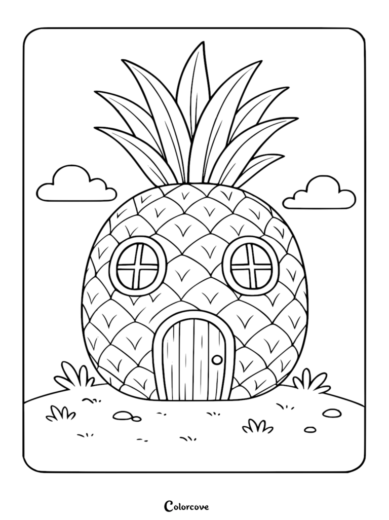 A whimsical pineapple house coloring page featuring a textured fruit exterior with a wooden door and two round windows in a grassy field.