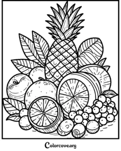 A detailed coloring page featuring a healthy assortment of fresh fruits including pineapple, oranges, and grapes for kids and adults.