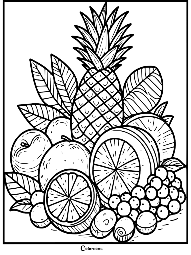 A detailed healthy food coloring page featuring a large pineapple, sliced oranges, and a cluster of grapes.