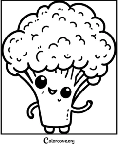 A friendly, smiling broccoli character coloring page for kids to learn about healthy eating.