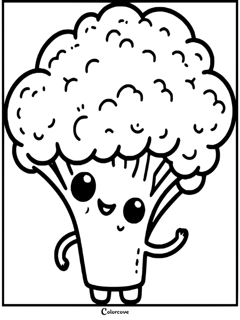 A cute, smiling broccoli character with large eyes and small arms on a printable healthy food coloring page.