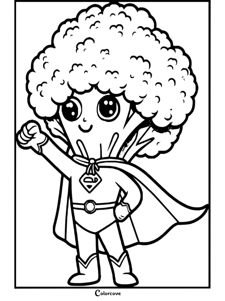 A cute superhero broccoli character wearing a cape and emblem on this healthy food coloring page.