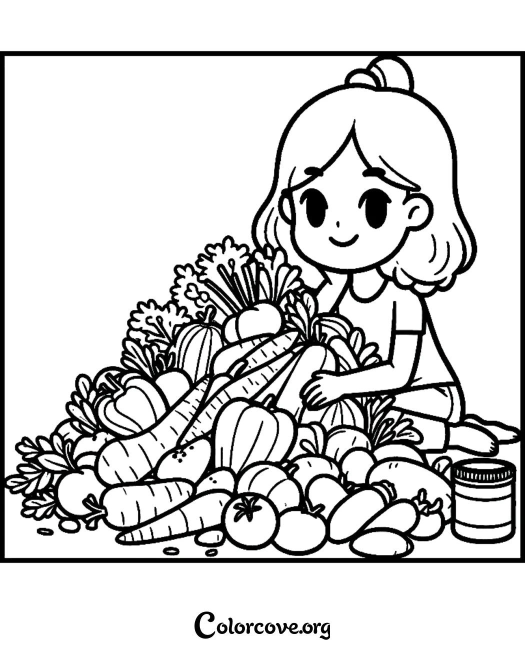 Encourage healthy eating habits with this fun and free printable coloring page featuring a happy girl with a variety of nutritious vegetables. Perfect for kids learning about nutrition and garden-fresh produce!