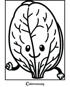 A friendly, smiling spinach leaf cartoon coloring page for kids to print and color